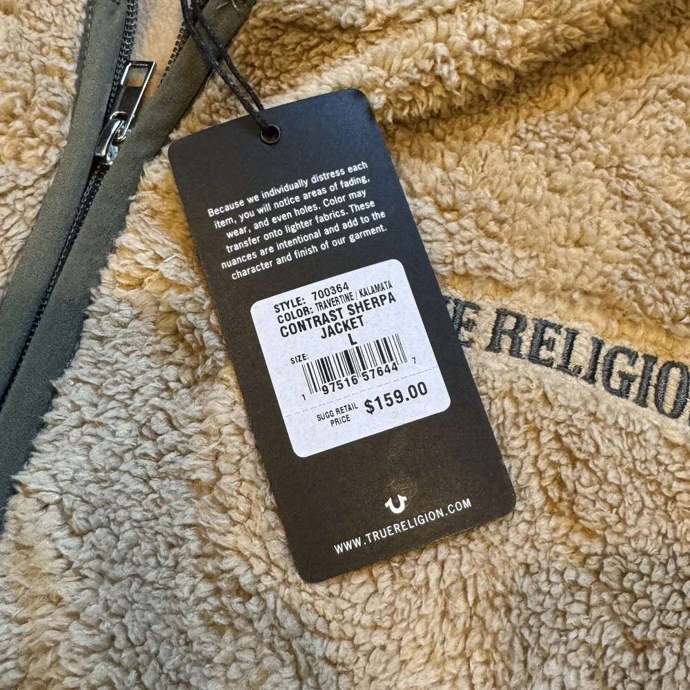 NWT True Religion Mens Contrast Sherpa Hooded Jacket Beige Soft Cozy Winter L